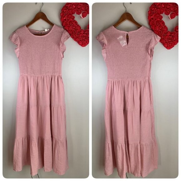 August Sky Womens Smocked Ruffle Sleeve Tiered Midi Summer Dress Medium Pink Blu - Picture 1 of 10
